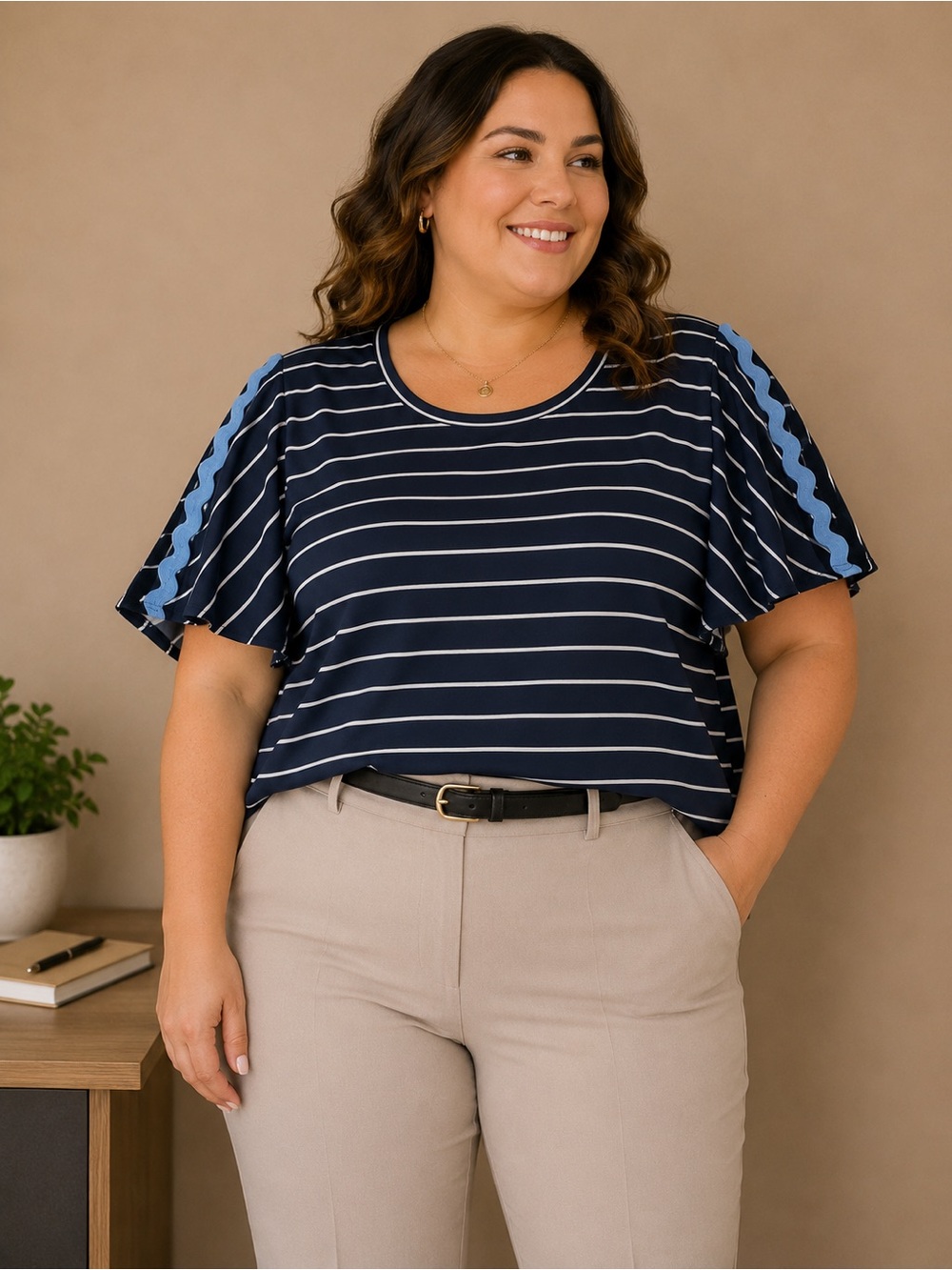 Plus Size Striped Navy Short Sleeve Top with Light Blue Trim